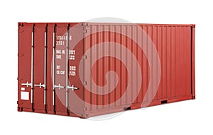 Red shipping cargo container in frontal side view isolated white background. transportation ship delivery logistics and freight