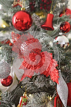 Red shoe hanging on a christmas tree