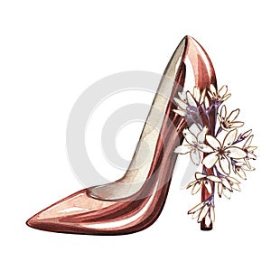 Red shoe with high heels and flowers isolated on white background. Watercolor hand drawing illustration. Art for design