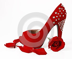 Red shoe, rose and petals