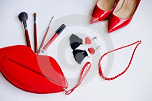 Red shoes, cosmetics and accessories.