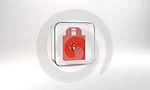 Red Shopping bag jewelry icon isolated on grey background. Glass square button. 3d illustration 3D render
