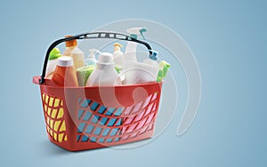 Red shopping basket with cleaning products