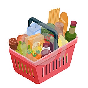 Red shopping basket with different food isometric illustration. Stock vector.Grocery shopping, supermarket illustration.