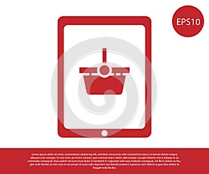 Red Shopping basket on screen tablet icon isolated on white background. Concept e-commerce, e-business, online business