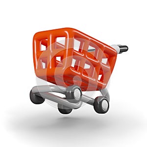 Red shopping cart is in hurry for shopping. Empty trolley in cartoon style