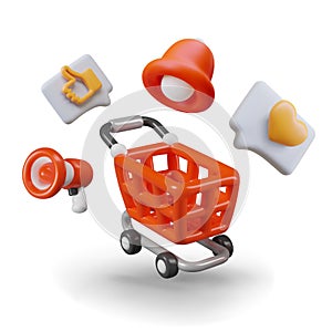 Red shopping cart, megaphone, bell, heart comment, thumbs up gesture