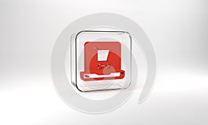 Red Shopping cart on screen laptop icon isolated on grey background. Concept e-commerce, e-business, online business