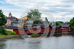 Red Shore Houses in Porvoo, Finland on an Overcast Day