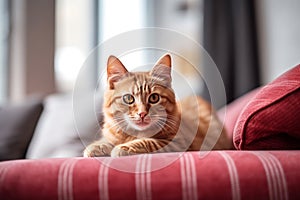 Red shorthair cat lies on the sofa indoors.