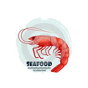 Red shrimp seafood restaurant label with splash and text isolated on white background. Sea water animal icon. Design