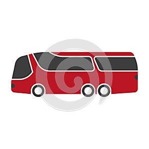 Red shuttle bus with black windshield art isolated on white.