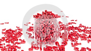 Red sign questions fall on glass cylinder jar on white back 3d