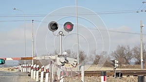 Red signal of the semaphore on the railway