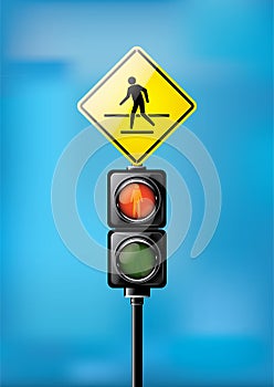 Red signal, Traffic lights for people crosswalk isolated on sky blue background