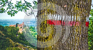 Red signs on marked tree hiking trail in italy - Monteveglio - Bologna - Italy