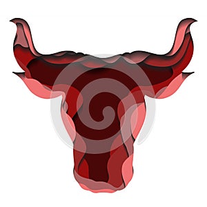 Red silhouette of a bull head with paper cut layers. The symbol of the new year 2021. Buffalo with horns. Vector colorful