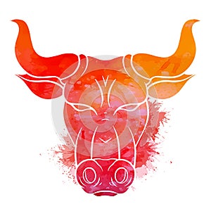 Red silhouette of a bull head with watercolor splashes. The symbol of the new year 2021. Buffalo with horns. Vector colorful