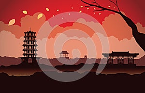 Red silhouette China scene background