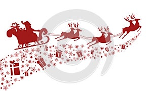 Red Silhouette. Santa claus flying with reindeer sleigh.