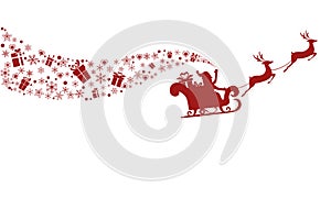 Red Silhouette. Santa claus flying with reindeer sleigh.