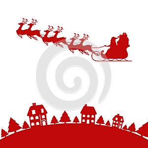 Red Silhouette. Santa claus flying with reindeer sleigh on sky to village.