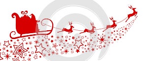 Red Silhouette. Santa claus flying with reindeer sleigh on star.