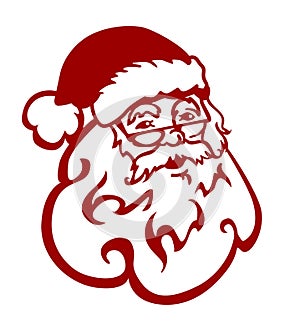 Red silhouette of Santa Claus`s head on a white background