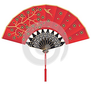 Red Silk Chinese Fan with Flowers and Bird