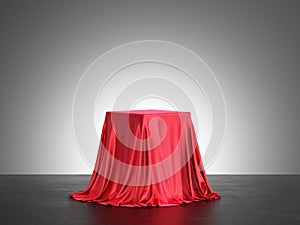 Red silk cloth on Empty podium on dark background