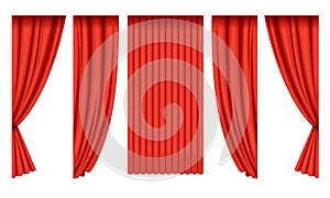 Red Silk Curtains Collection, Theater Stage Design Element Vector Illustration on White Background
