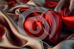 Red silk hearts background. Valentine& x27;s Day card. Generative AI