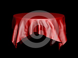 Red silk round table cloth mockup isolated on black. 3D illustration