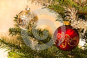 Red and silver balls in christmas tree