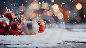 Red and silver baubles on white snow on the left side. Orange bokeh effect in the background.Christmas banner with space for your