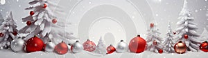 Red and silver Christmas balls in a row with white trees covered with snow.