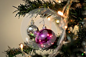 Red and Silver Christmas balls on tree