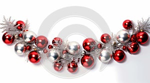 Red and silver christmas ornaments isolated on a white background, Generative AI illustration