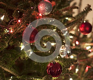 Red and Silver Christmas Ornaments with Red and White Lights