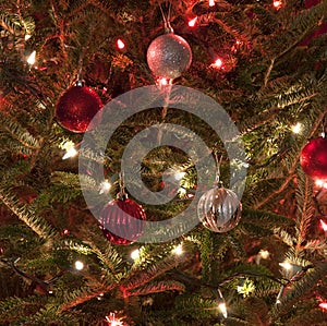 Red and Silver Christmas Ornaments with Red and White Lights