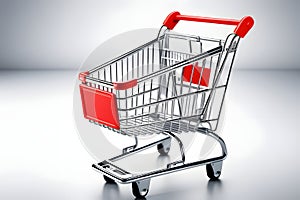 Red and silver metal shopping cart isolated on white background. Supermarket trolley