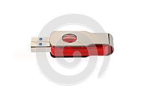 Red and silver USB 3.0 flash drive isolated on white background . USB Pen Drive or flash drive on white background. Close-up. Full