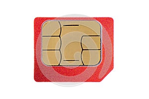 Red SIM card isolated on white background, close-up, macro, high resolution, mock up