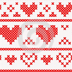 Red simple cute cross stitch hearts and stripes on white canvas seamless pattern, vector