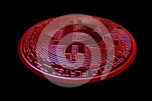 red single bitcoin distored view from crypto currency during falling market on black back