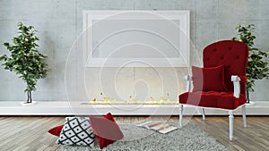 Red single seat and modern fireplace design concept interior design background 3D rendering photo