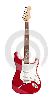 Red six-stringed electric guitar isolated on white photo