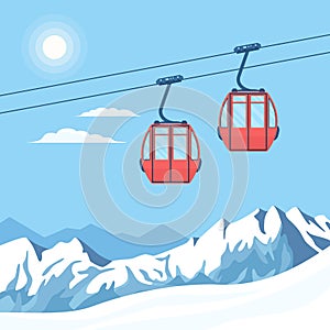 Red ski cabin lift for mountain skiers moves in the air on a cableway on the background of winter snow capped mountains.