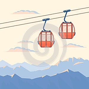 Red ski cabin lift for mountain skiers moves in the air on a cableway on the background of winter snow mountains