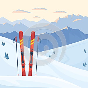 Red ski equipment at the ski resort. Snowy mountains and slopes, winter evening and morning landscape, sunset, sunrise. photo